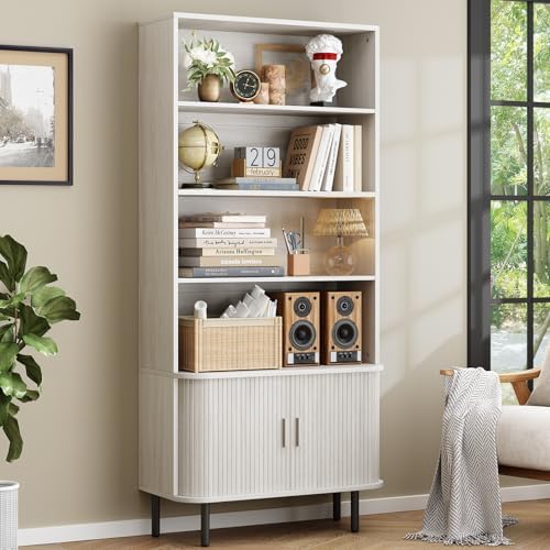 ONBRILL 71" Tall Bookshelf, 4-Tier Bookcase with Storage Cabinet & Adjustable Storage Shelf, Freestanding Wood Bookshelf with Sliding Door and Adjustable Footpad, for Home Office, Living Room, Walnut — Natural White (2)