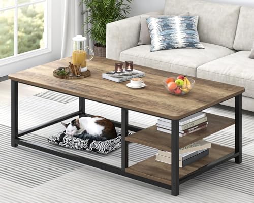 EXCEFUR Modern Coffee Table, Rustic Wood and Metal Living Room Table with Storage Shelf, Industrial Brown, 47 Inch — Rustic Oak (2)