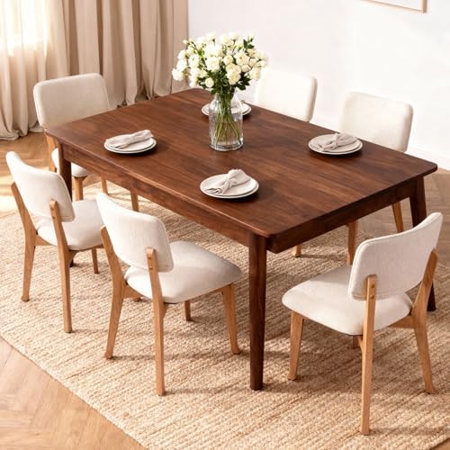 Wooden Dining Chairs Set of 2, Mid Century Modern Kitchen Chairs with Fabric Upholstered and Curved Backrest for Dining Room, Restaurant/Cafe, Walnut — Natural / 2 (2)