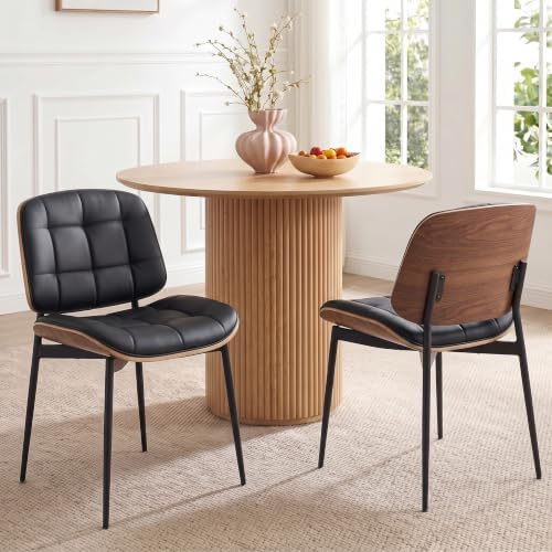 GrandNoor Mid Century Modern Dining Chairs with Walnut Grain Back, Brown Faux Leather Dining Room Chairs Set of 2, Checkered Soft Cushion Kitchen Chairs with Adjustable Foot Pads