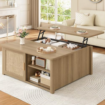 SEDETA 31.5" Lift Top Coffee Table with Storage, Square Coffee Tables for Living Room, Farmhouse Coffee Table with Large Hidden Storage Compartment and Adjustable Shelves, Black — Rattan Oak (2)
