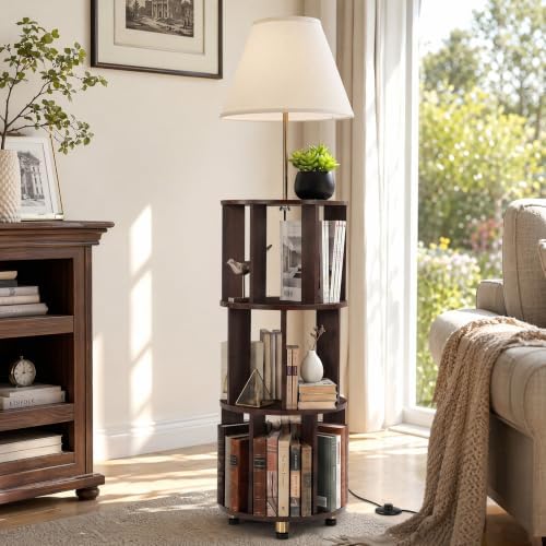 Tribesigns 62.2'' Wood Bookcase with Light, 4 Tier Bookshelf Floor Lamp | Modern Freestanding Storage Shelf with Linen Fabric Shade, Corner Bookcase with Reading Light for Living Room, Bedroom