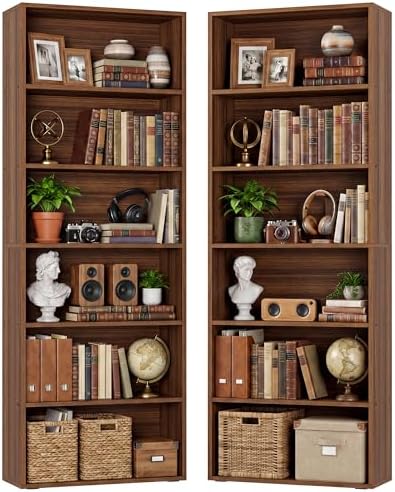 IRONCK Bookshelf and Bookcases 70" Tall, 6 Tiers Display Storage Shelves | Bookshelves Set of 2, Wood Bookcase with Open Display Shelves for Home Office, Living Room, Library, Industrial Brown — Walnut (2)