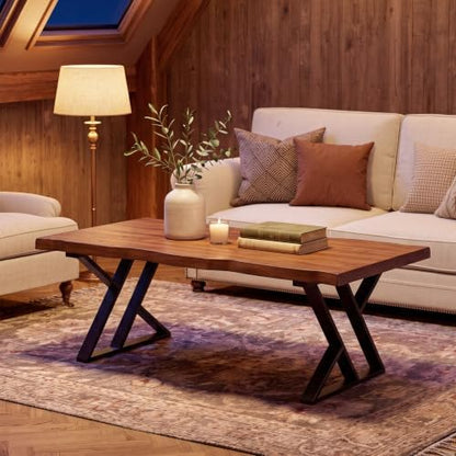 47 Inch Solid Wood Coffee Table with X-Shaped Metal Legs for Living Room | Pinewood Tabletop, Wavy Sihouette Design, Adjustable Foot Pads, Spacious Accent Center Table for Daily Storage & Display