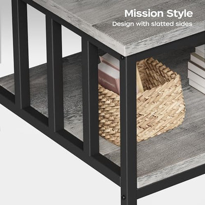 Homeiju Coffee Table for Living Room with Slatted Sides Frame, Modern Farmhouse Living Room Table with 2-Tier Storage Shelf for Home Office, Apartment, Grey Wash, 39 inch
