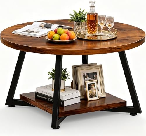 FAMIDGE Coffee Table, 23.6" Coffee Tables for Living Room, Round Coffee Table with Metal Frame, Floor Table for Sitting on The Floor, Home, Office, Black — Rustic Brown(27.6dx17.7h) / 2 Tier (2)