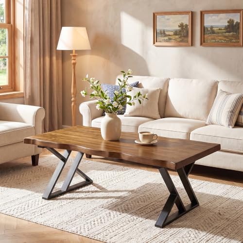 47 Inch Solid Wood Coffee Table with X-Shaped Metal Legs for Living Room | Pinewood Tabletop, Wavy Sihouette Design, Adjustable Foot Pads, Spacious Accent Center Table for Daily Storage & Display