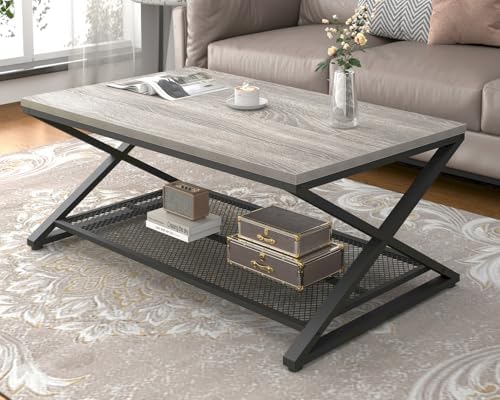 LVB Coffee Table for Living Room, 2 Tier Tea Table, 47 inch, Rustic Brown | Industrial Metal Wood Coffee Table with Storage, Farmhouse Wooden Rectangle Center Table with Mesh Shelf for Office Bedroom