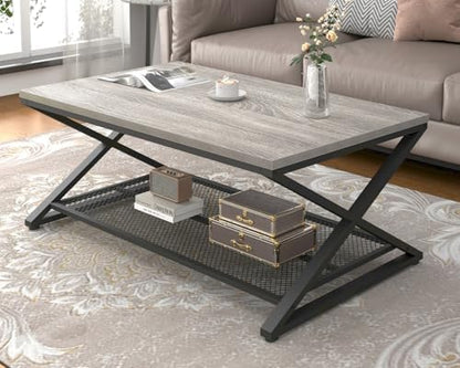 LVB Coffee Table for Living Room, 2 Tier Tea Table, 47 inch, Rustic Brown | Industrial Metal Wood Coffee Table with Storage, Farmhouse Wooden Rectangle Center Table with Mesh Shelf for Office Bedroom