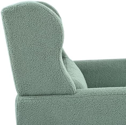 Accent Chair, Comfy Upholstered Living Room Chairs with High Tufted Backrest and Pillow, Wingback Reading Chair with Solid Wood Legs for Bedroom/Office,Teddy Fabric, Light Green