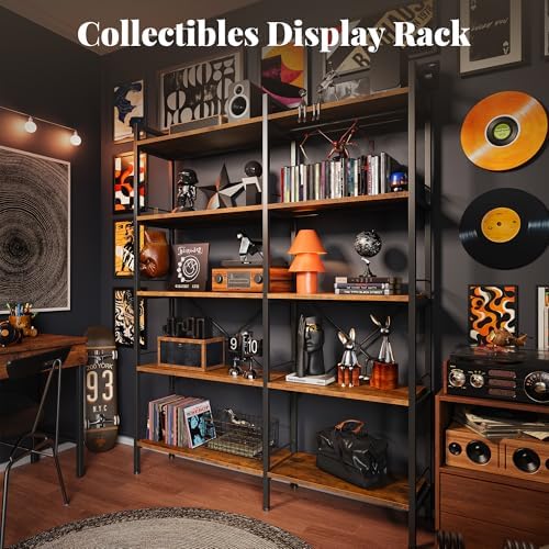 Huuger 5 Tier Bookshelf, L Shaped Corner Bookshelf with 10 Open Shelves, 49.4 Inch Straight Wide Bookcase with Metal Frame and Wooden Board, Adjustable Feet, Rustic Brown
