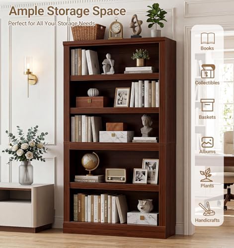 Unikito Bookshelf, 5 Tier Book Shelf, 71 Inch Tall Bookcase with Adjustable Shelves, Open Storage Book Case Organizer, Freestanding Display Shelf Stand for Living Room, Home Office, Bedroom, Cherry
