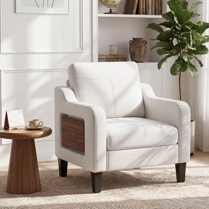 Accent Chair for Living Room, Mid-Century Upholstered Armchair with Foldable Table & 2 Side Pockets, Modern Linen Wooden Sofa Chair for Bedroom & Reading Room, Light Grey