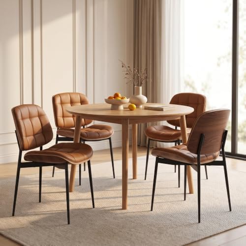 GrandNoor Mid Century Modern Dining Chairs with Walnut Grain Back, Brown Faux Leather Dining Room Chairs Set of 2, Checkered Soft Cushion Kitchen Chairs with Adjustable Foot Pads — A-brown / Set of 2 (9)