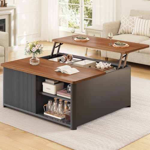 SEDETA 31.5" Lift Top Coffee Table with Storage, Square Coffee Tables for Living Room, Farmhouse Coffee Table with Large Hidden Storage Compartment and Adjustable Shelves, Black — Fluted Black (2)