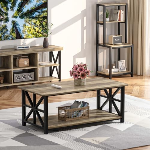 GreenForest Round Corners Coffee Table for Living Room | Rustic Style Center Table with Storage Shelf,39 Inch Space Saving Sofa Table,Easy Assembly,Gray Wash