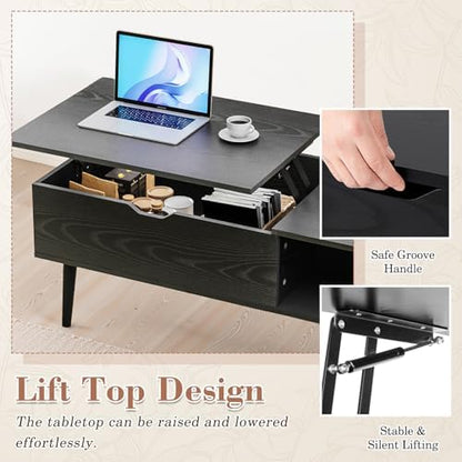 OLIXIS Wood Lift Top Coffee Table with Hidden Compartment and Large Storage Shelf, Lift Tabletop Dining Center Table for Home Living Room Office, Black