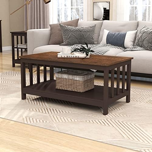 ChooChoo Mission Coffee Table, Black Wood Living Room Table with Shelf, 40 Black — Pure Espresso / 22"D x 39.9"W x 18.1"H (2)