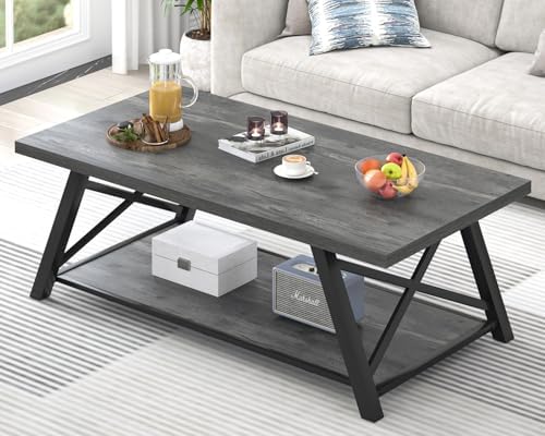 EXCEFUR Modern Coffee Table, Rectangle Center Table for Living Room with Storage Shelf, Industrial Wood and Metal Cocktail Tea Table, Rustic Oak, 47 Inch — Grey (2)