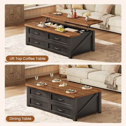 Itaar 47.2" Lift Top Coffee Table with Storage, Farmhouse Coffee Tables for Living Room with 4 Wood Drawers & Large Hidden Storage Space, Center Table for Living Room, Black + Brown