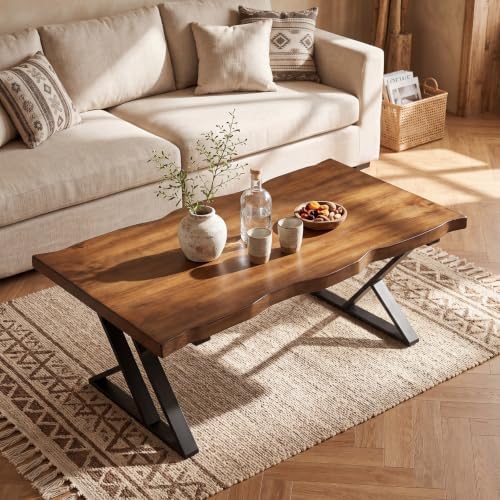 47 Inch Solid Wood Coffee Table with X-Shaped Metal Legs for Living Room | Pinewood Tabletop, Wavy Sihouette Design, Adjustable Foot Pads, Spacious Accent Center Table for Daily Storage & Display