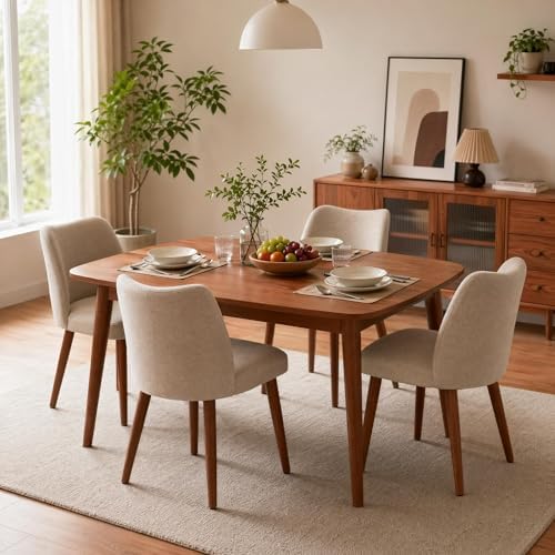 GarveeHome Wooden Dining Chair Set of 4 Upholstered Fabric Dining Chair | Modern Kitchen Chairs with Curved Backrest Leveling Feet for Dining Room, Living Room, , No tool assembly, No Wobble, White — Camel (2)