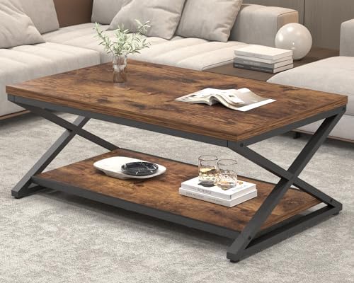 HSH Rustic Farmhouse Coffee Table, Modern Minimalist Wood and Metal Living Room Table, 2 Tie Rectangle Center Table with Storage & Display Shelf, Simple Office Cocktail Tea Table, Rustic Oak, 39 Inch — 39 Inch / Rustic Brown (2)