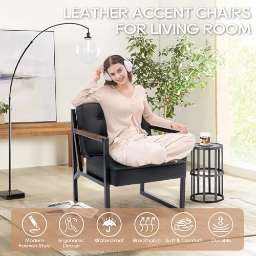 COLAMY Mid Century Modern Accent Chair Set of 2, Comfy Living Room Chair, Black Leather Accent Chair, Faux Leather Reception Armchair with Metal Legs for Living Room Bedroom Reception Office, Black