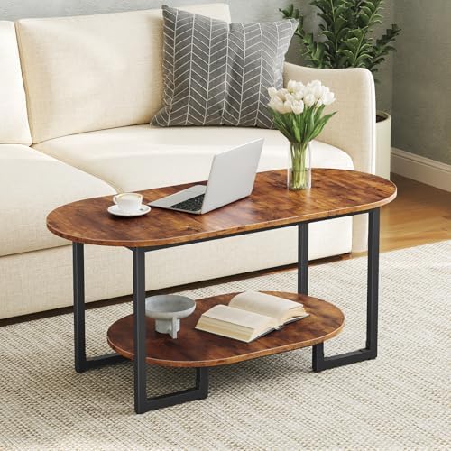 HOOBRO Coffee Table for Living Room, Oval Small Coffee Table with 2-Tier Open Storage Shelf, Industrial Cocktail Tea Table, Wooden Desktop Center Table, Farmhouse, Home Office, Rustic Brown BF09KF01 — Rustic Brown (10)
