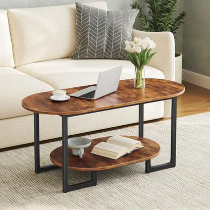 HOOBRO Coffee Table for Living Room, Oval Small Coffee Table with 2-Tier Open Storage Shelf, Industrial Cocktail Tea Table, Wooden Desktop Center Table, Farmhouse, Home Office, Rustic Brown BF09KF01 — Rustic Brown (10)