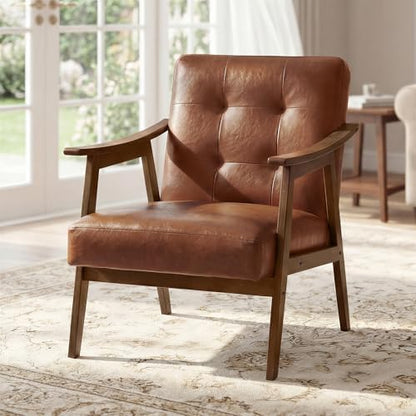 VASAGLE Accent Chair, PU Leather Armchair, Button Tufted Living Room Chair, Thick Cushion, Mid Century Modern Lounge Seating for Bedroom, Reading Nook, Home Office, Brown ULYY200KZ02S — Brown / 29.5"D x 24.6"W x 28.7"H (7)