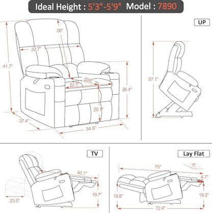 MCombo Dual Motor Power Lift Recliner Chair with Massage and Heat for Elderly People, Infinite Position, USB Ports, Cup Holders, Fabric 7890 (Medium, Dark Gray)