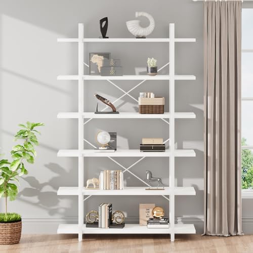 HSH White Bookshelf, 6 Tier Tall Bookcases for Bedroom Living Room Office | Industrial Modern Vertical Metal and Wood Bookcases, Farmhouse 6 Shelf Open Large Storage Book Shelves Display Book Shelf