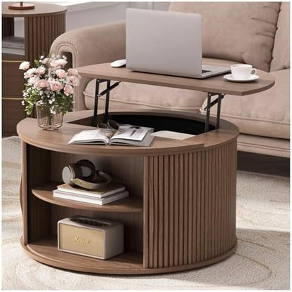 JOINICE 31.5" Round Coffee Table with Storage for Living Room, Walnut | Hidden Storage,Fluted Sliding Door,Mid Century Furniture for Small Apartments,Solid Wood Legs,Easy Assembly,Up to 110 lbs — Walnut_round (Lift Top) (2)