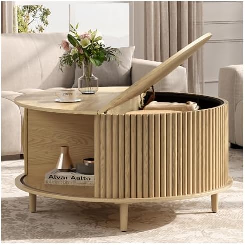 JOINICE 31.5" Round Coffee Table with Storage for Living Room, Walnut | Hidden Storage,Fluted Sliding Door,Mid Century Furniture for Small Apartments,Solid Wood Legs,Easy Assembly,Up to 110 lbs — Oak_round (2)