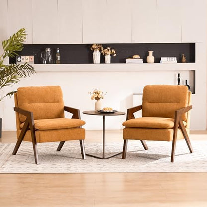 Mid-Century Modern Accent Chair with Solid Wood Frame，Upholstered Chenille Living Room Arm Chairs with Pillow for Bedroom, Living Room, Balcony, Reading Room, Green — 1 / Chenille Yellow (2)