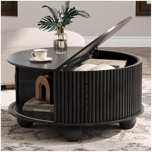 JOINICE 31.5" Round Coffee Table with Storage for Living Room, Walnut | Hidden Storage,Fluted Sliding Door,Mid Century Furniture for Small Apartments,Solid Wood Legs,Easy Assembly,Up to 110 lbs — Black_round (Bun Feet) (2)