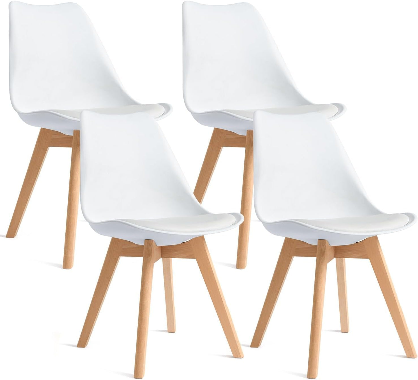 Dining Chairs Set of 4, Modern Upholstered Dining Room Chairs with PU Leather Padded Seat, Armless Kitchen Chairs with Curved Backrest and Solid Wood Legs for Dining Room, Kitchen, Apartment, Black — White / Pack of 4