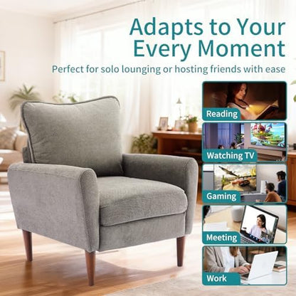OLIXIS Comfy Accent Chair for Living Room Bedroom and Waiting Room, Upholstered Mid-Century Reading Chair with Pillow and Solid Wood Legs, Wide Singe Modern Lounge Sofa, Gray