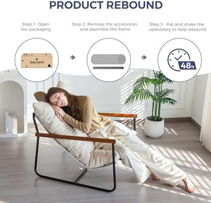 MAXYOYO Modern Accent Chair, Comfy Living Room Chair with Metal Frame Wooden Armrest, Upholstered Armchair with Soft Cushion for Bedroom Balcony Lounge Reading Room, Beige