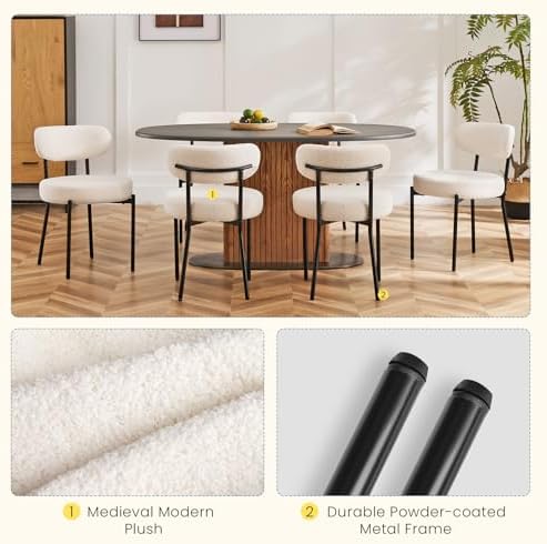 DUMOS Dining Chairs Set of 2, Mid Century Modern Chair Round Upholstered Curved Backrest, Kitchen Vanity Living Room Chairs with Black Metal Legs，Ivory White
