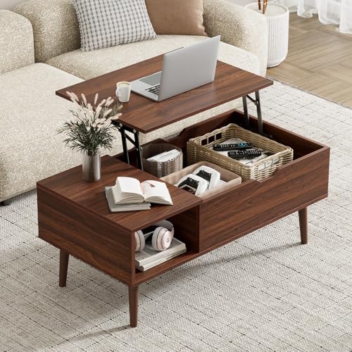 Wood Lift Top Coffee Table with Hidden Storage Compartment & Open Shelf, Multi-Functional Wooden Tabletop Dining Table for Living Room, Home Small Space — Dark Brown / 39 Inches (2)