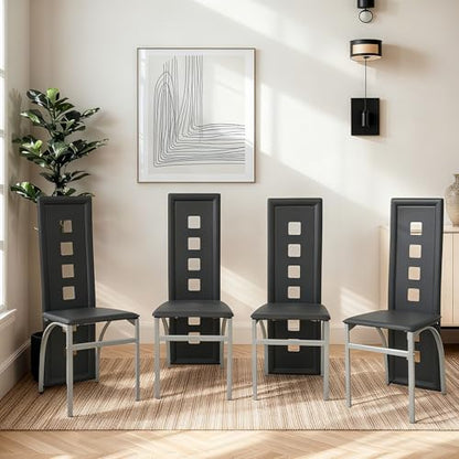 Karl home Dining Chairs Set of 4, PU Leather & High Back, Black | Black kitchen chairs with padded seats & foot cap protection for dining kitchen living room,300lbs capacity,space-saving — Black / Set of 4 (9)