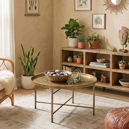 HOMCOM 24" Round Coffee Table with Hammered Tray Top, Vintage Metal Center Table for Living Room, Bedroom, Side Table, Gold
