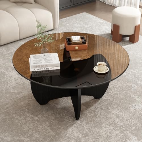 31.5'' Round Coffee Table with Tempered Glass Top, Modern Center Table for Small Spaces - Sturdy Black Board Frame, Simple Design for Living Room, Home, Office - Easy Assembly.