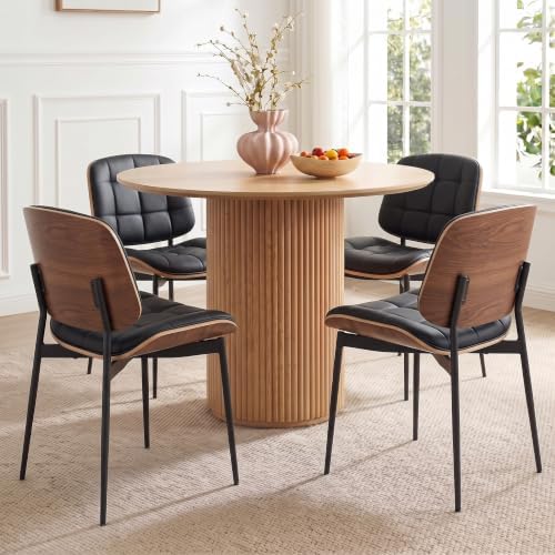 GrandNoor Mid Century Modern Dining Chairs with Walnut Grain Back, Brown Faux Leather Dining Room Chairs Set of 2, Checkered Soft Cushion Kitchen Chairs with Adjustable Foot Pads — A-black / Set of 2 (2)