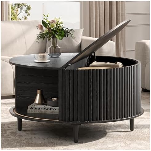 JOINICE 31.5" Round Coffee Table with Storage for Living Room, Walnut | Hidden Storage,Fluted Sliding Door,Mid Century Furniture for Small Apartments,Solid Wood Legs,Easy Assembly,Up to 110 lbs — Black_round (2)