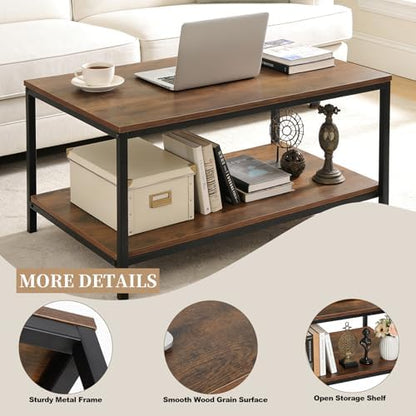 SUPER DEAL 2-Tier Industrial Coffee Table with Storage Shelf for Small Apartment Living Room, Rectangle Wood and Stable Metal TV Stand Side End Table, Rustic Brown