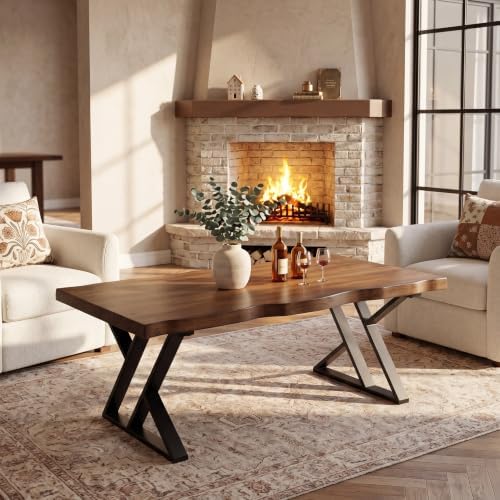 47 Inch Solid Wood Coffee Table with X-Shaped Metal Legs for Living Room | Pinewood Tabletop, Wavy Sihouette Design, Adjustable Foot Pads, Spacious Accent Center Table for Daily Storage & Display