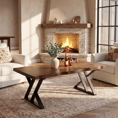 47 Inch Solid Wood Coffee Table with X-Shaped Metal Legs for Living Room | Pinewood Tabletop, Wavy Sihouette Design, Adjustable Foot Pads, Spacious Accent Center Table for Daily Storage & Display